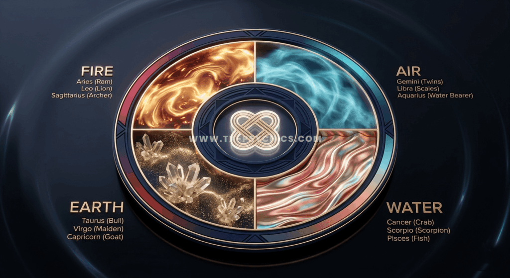 Zodiac signs elements chart for Fire Earth Air Water and soul contracts by Texas Psychics