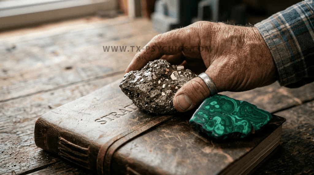 A detailed macro view of a weathered, calloused rancher's hand wearing a silver ring, gently positioning a raw metallic Pyrite cluster onto a patterned Malachite stone. Both rest on the worn leather cover of the 'STRATEGY' journal from Texas Psychics, highlighting active engagement with root chakra stones for business success and financial blueprint activation. Natural side lighting emphasizes textures.