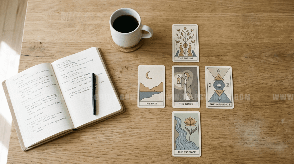 five-card tarot spread on wooden table for will my ex come back reading