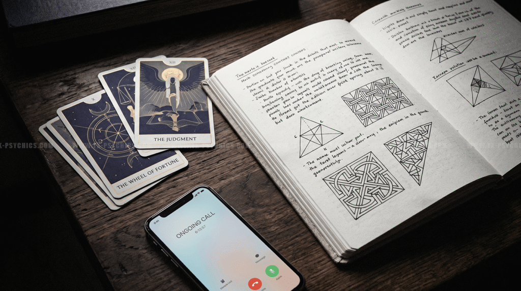 Reviewing the latest psychic predictions and celebrity astrology charts during a live consultation.